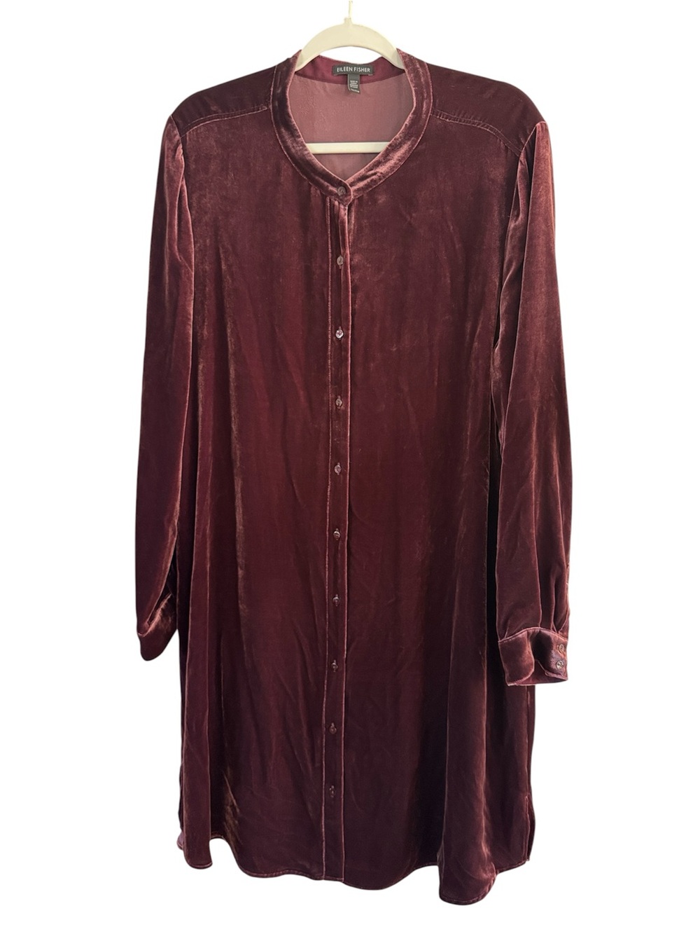 Eileen Fisher Velvet Silk Blend Button Front L/S Shirt Dress - Wine size XL